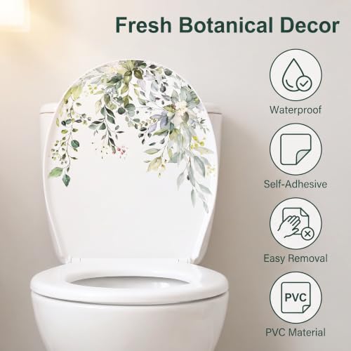 Self-Adhesive Green Plant Toilet Seat Lid Decal - Waterproof Floral Sticker for Bathroom Decor