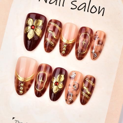 Fall Press on Nails Medium Almond 3D Gold Flower Fake Nails
