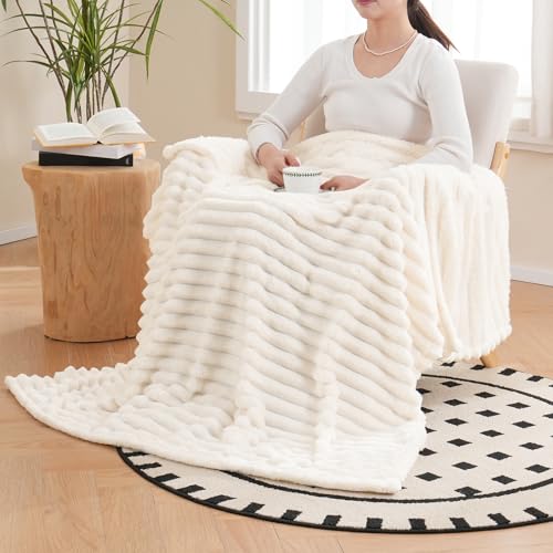 Vessia Cream Striped Flannel Fleece Throw Blanket 50x70 inch