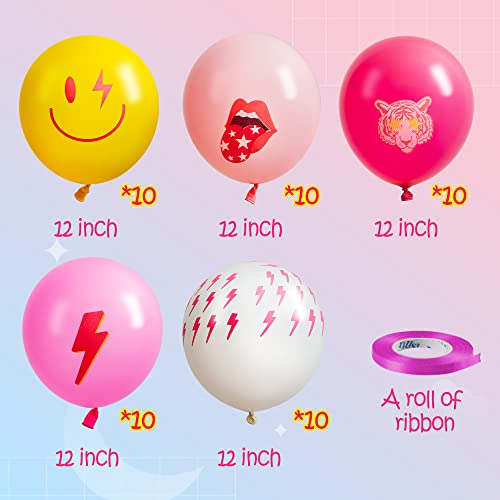50Pcs Hot Pink Y2K Party Balloons with Smile Faces & Lightning