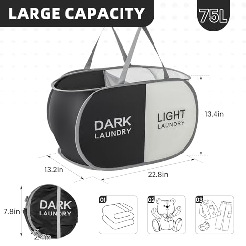 Collapsible Laundry Basket with 2 Compartments - Black & Beige, 1 Pack