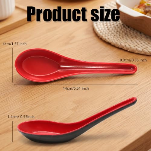 2PCS Asian Soup Spoons Set - Red & Black Melamine for Ramen, Pho