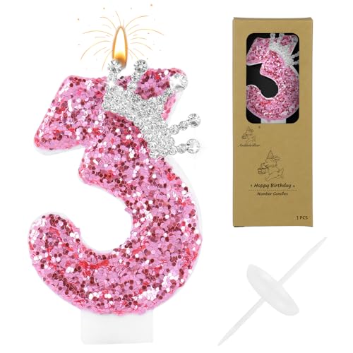 AndiluluBear Pink Number 3 Birthday Candle with Glitter Crown - Princess Cake Topper