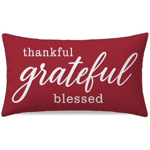 Farmhouse Thankful Thank You Blessed Throw Pillow Cover 12x20 Crimson Red - Double-Sided Polyester