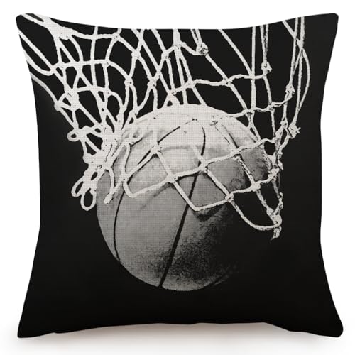 Basketball Theme Throw Pillow Cover - 18x18 Inch Black Linen