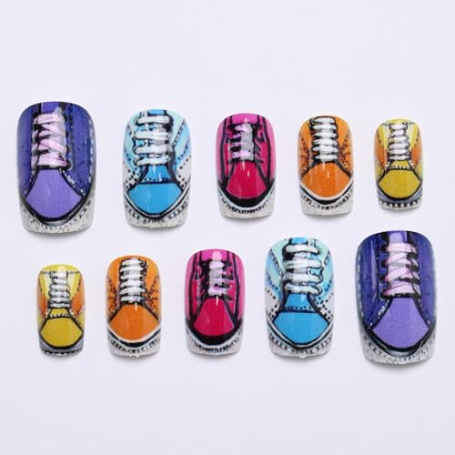 Press on Nails Medium Square French False Nails Colorful Glossy Acrylic