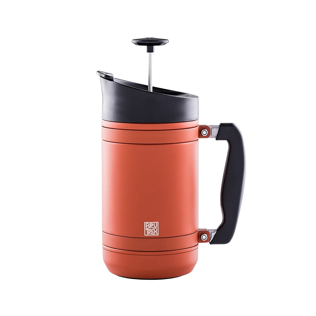 BruTrek® by Planetary Design BaseCamp Coffee Press - Double Wall Insulated Stainless Steel - Bru-Stop Technology, No Grounds in Coffee, No Spill Lid (Red Rock, 32 fl.oz)