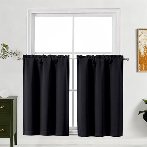 Lecloud Blackout Kitchen Curtains 30W x 36L Pack of 2 - Thermal Privacy Window Drapes