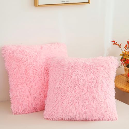Besfunny Pink Faux Fur Throw Pillow Covers 18"x18", Soft Fuzzy Set of 2