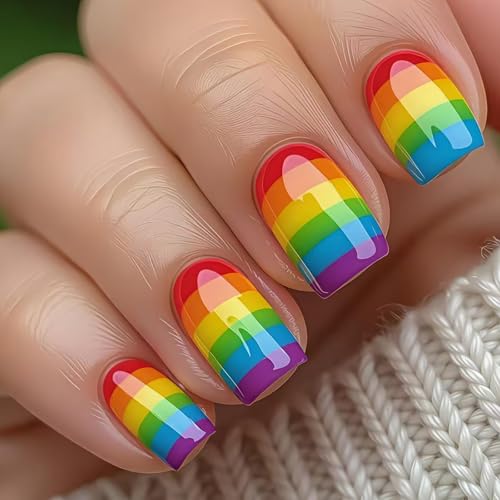 Rainbow Press on Nails Short Square Colorful Stripes Glossy Fake Nails 24Pcs