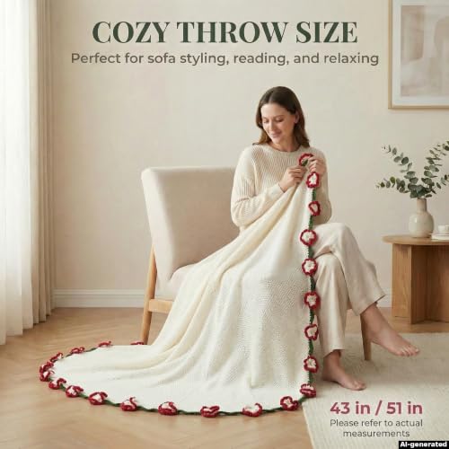 Red Carnation Crochet Flower Bouquet Blanket - Handmade Knitted Throw