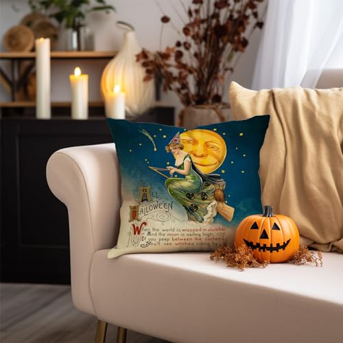 Vintage Halloween Throw Pillow Cover 18x18 Inch - Retro Witch & Moon Design