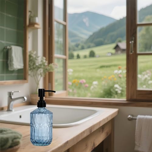 18oz Blue Glass Soap Dispenser with Rustproof Black Pump