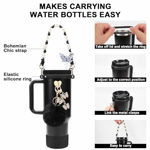 7PCS Cup Accessories Set Including 1 Pcs Water Bottle Handle Strap, 1 Pcs Siliocne Cup Boot, 1 Pcs Resin Butterfly Straw Cover, 2 Pcs Butterfly & Hairball Charms for Stanley Cup Tumbler