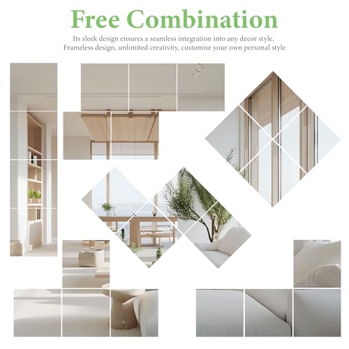QEEYON 8x8 Inch Square Glass Mirror Sheet - Self-Adhesive Wall Mirror Tile