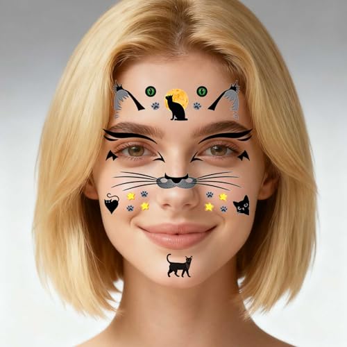 Cat Face Gems Crystal Temporary Tattoos 6 Sheets Festival Makeup