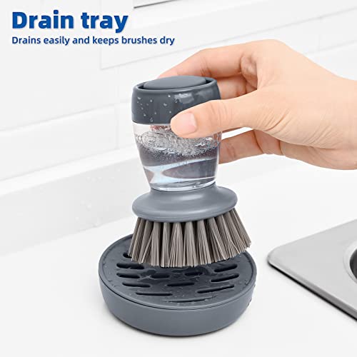 SUBEKYU Soap Dispensing Dish Brush Set with Draining Tray - Grey, 2-Pack
