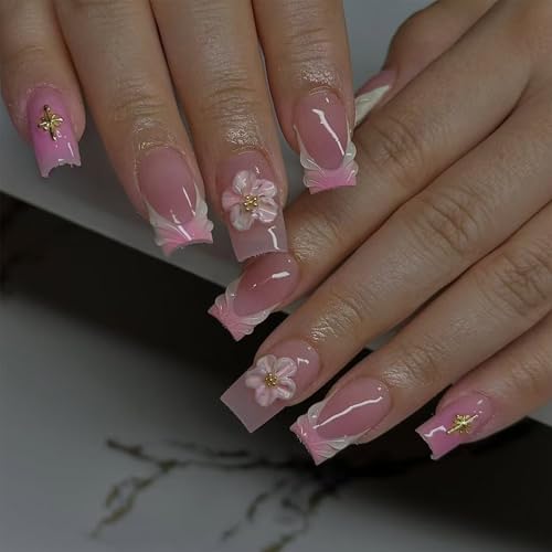 BUNLVDI French Tip Press on Nails Short Square Nude Pink 3D Flower False Nails