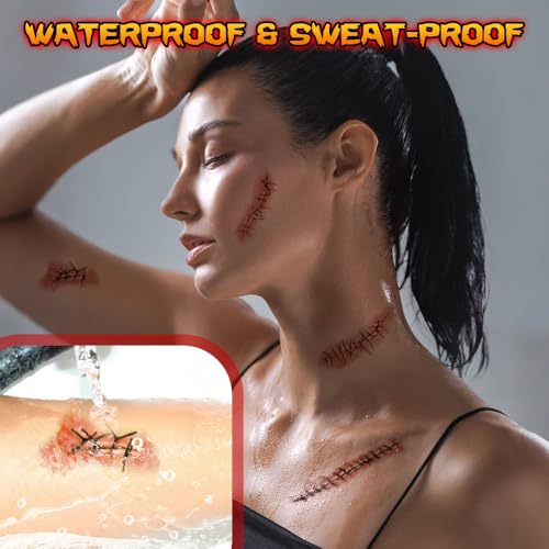 Halloween Chucky Scar Temporary Tattoos - 25 Sheets Realistic Waterproof Zombie Stitches Makeup