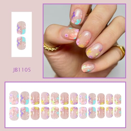 Short Square Press on Nails Floral French Tip Reusable Acrylic Fake Nails