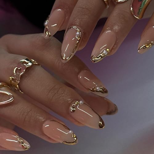 Almond Press on Nails Gold French 3D Pearl Acrylic Fake Nails 24 Pcs