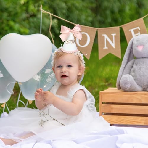 Pink Glitter Birthday Hat for 1 Year Old Girl - Bow Theme