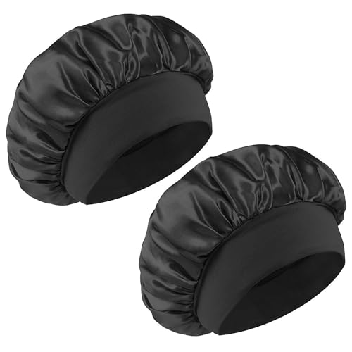 Merdia 2 PCS Satin Hair Bonnet for Sleeping and Shower Cap Black 11.8 Inch