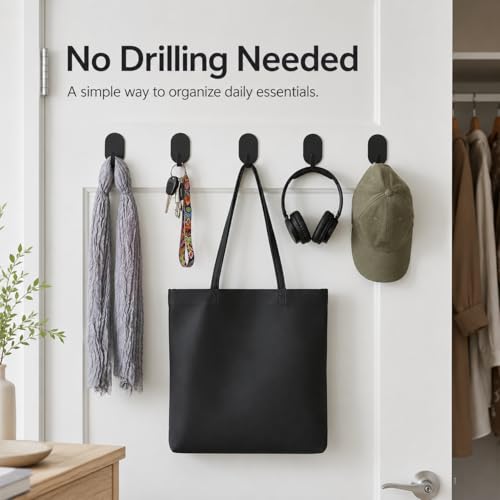 Black Adhesive Wall Hooks - 12 Pcs Minimalist No-Drill Metal Hooks