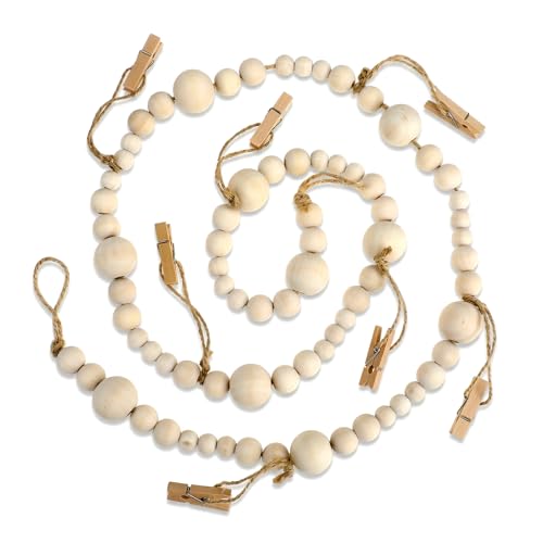 4 Ft Wooden Bead Garland Photo Display with Clips - Boho Room Decor