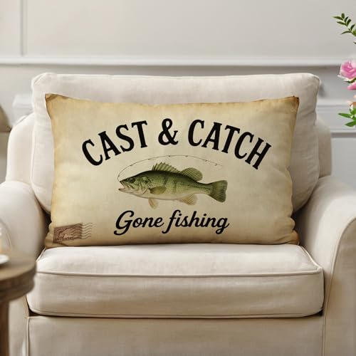 Fishing Themed Lumbar Pillow Cover, 12x20 Inch Bass Throw Case, Grayish Green