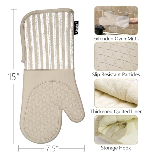 Alselo Extra-Long Silicone Oven Mitts, Heat Resistant Gloves - Khaki, Set of 2