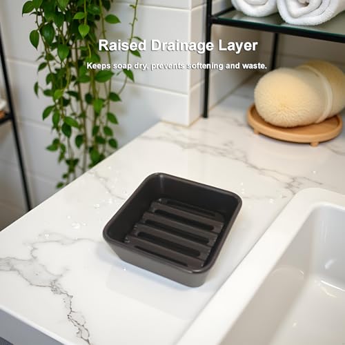 Vonpri Black Ceramic Square Soap Dish Holder for Bathroom & Shower