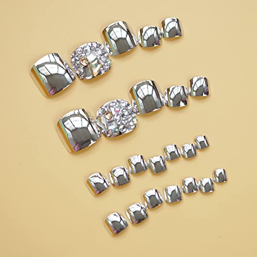 MISUD Silver Chrome Press on Toenails with Rhinestones 24 pcs