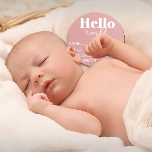 Wooden Baby Announcement Sign 5.9 Inch Hello World Newborn Name Plaque Pink