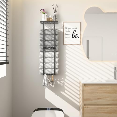 DwellDeal Wall Mounted Towel Rack with Shelf & 3 Hooks - Black Metal