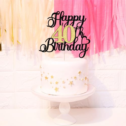 Auteby Black Gold Glitter 40th Birthday Cake Topper