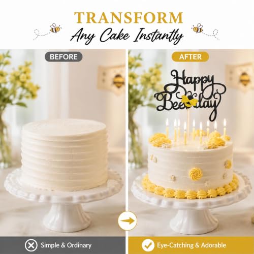 Happy Bee Day Cake Topper - Black Glitter Bumble Bee Decoration