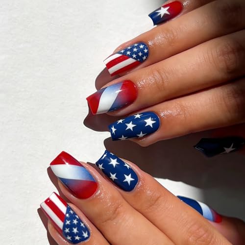 BABALAL Patriotic Press On Nails Medium Square American Flag Fake Nails