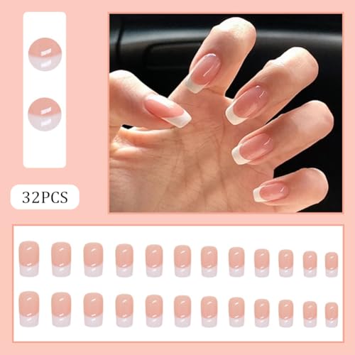 White French Tip Medium Square Press On Nails Glossy Fake Nails 32Pcs