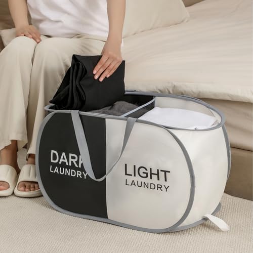 Collapsible Laundry Basket with 2 Compartments - Black & Beige, 1 Pack