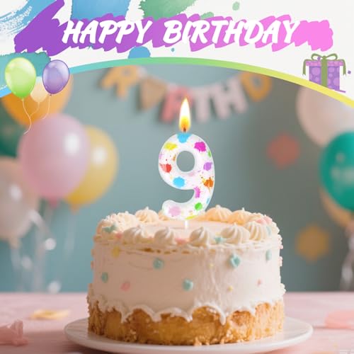Candoll Number 9 Birthday Candle, Artistic Paint Design Cake Topper