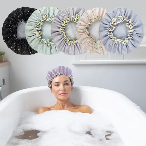 2 Pack Waterproof Shower Caps for Women - Reusable Elastic Hair Bonnet