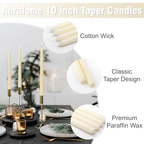 Auralome 10-Inch Ivory Taper Candles - Dripless Unscented Paraffin Wax - 4 Pack