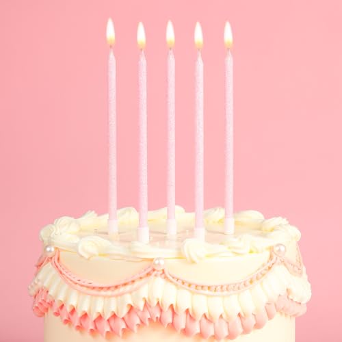 Iridescent Pink Long Thin Birthday Candles - 24 Pack