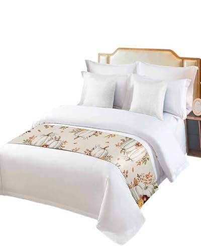 Thanksgiving Pumpkin Maple Leaf Watercolor Bed Runner for King Size Beds 102x20in