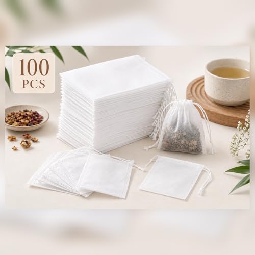 100 Disposable Muslin Tea Filter Bags with Drawstrings - 6x8cm