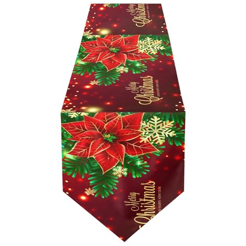 Double-Sided Christmas Poinsettia Flowers Snowflakes Table Runner 14x108 Inches - Holiday Decor