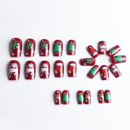 KTAABTR Christmas Press on Nails Short Square Winter Dark Red Fake Nails