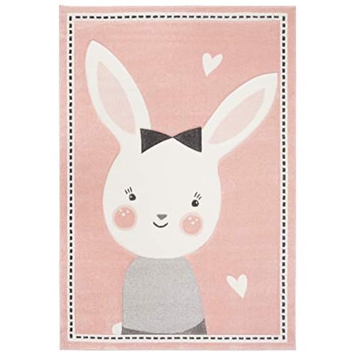 SAFAVIEH Carousel Kids Collection Accent Rug - 2' x 3', Pink & Ivory, Bunny Design, Non-Shedding & Easy Care, Ideal for High Traffic Areas for Boys & Girls in Playroom, Nursery, Bedroom (CRK166P)