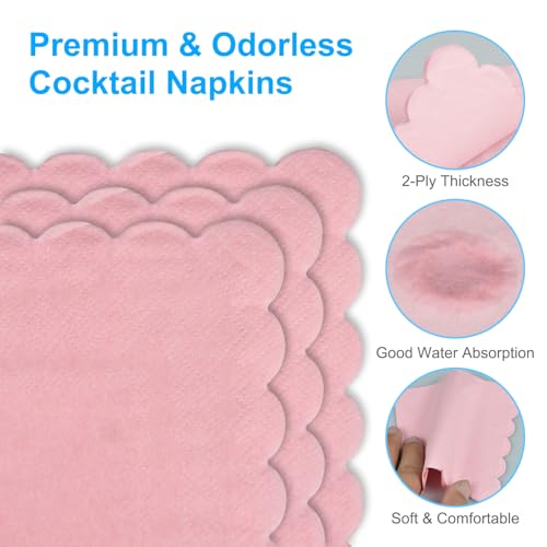 Disposable Scalloped Cocktail Napkins - 25 Pack, Pink, 2-Ply
